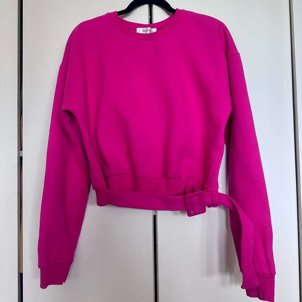 STORETS Hot Pink Fuchsia Belted Long Sleeve Cropped Sweatshirt Comfort Top S